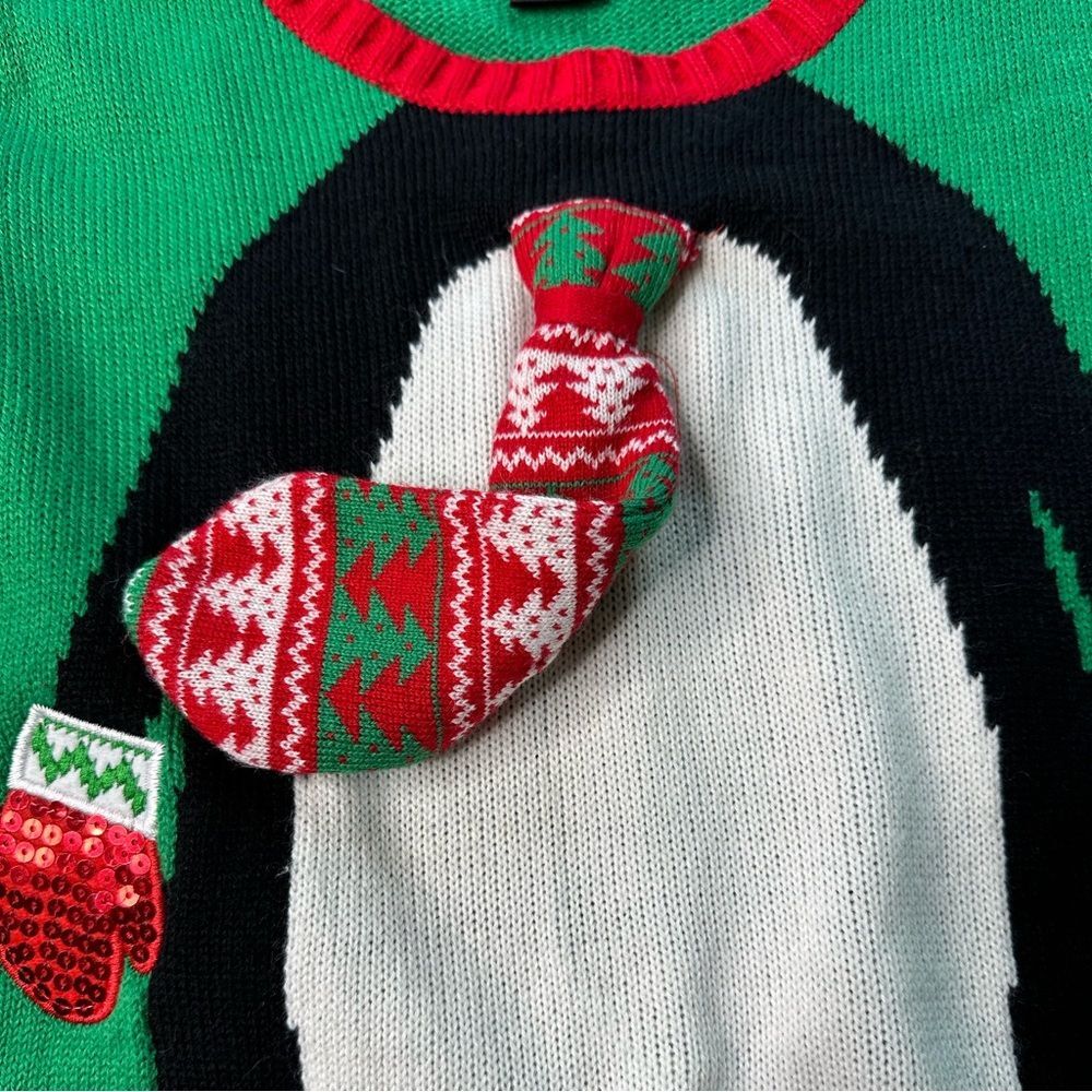 Ugly Christmas Penguin Sweater Tunic Red Green Knit Tie Neck Large Holiday - Picture 5 of 6